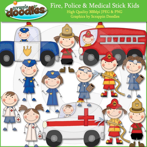 Firemen, Police Men & Paramedic Stick Kids Clip Art