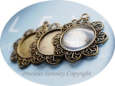 4pcs 25mm Antique Brass Vintage Matching Cabochon Base Setting sets with glass cameos Round Filigree Pendant Code: B264