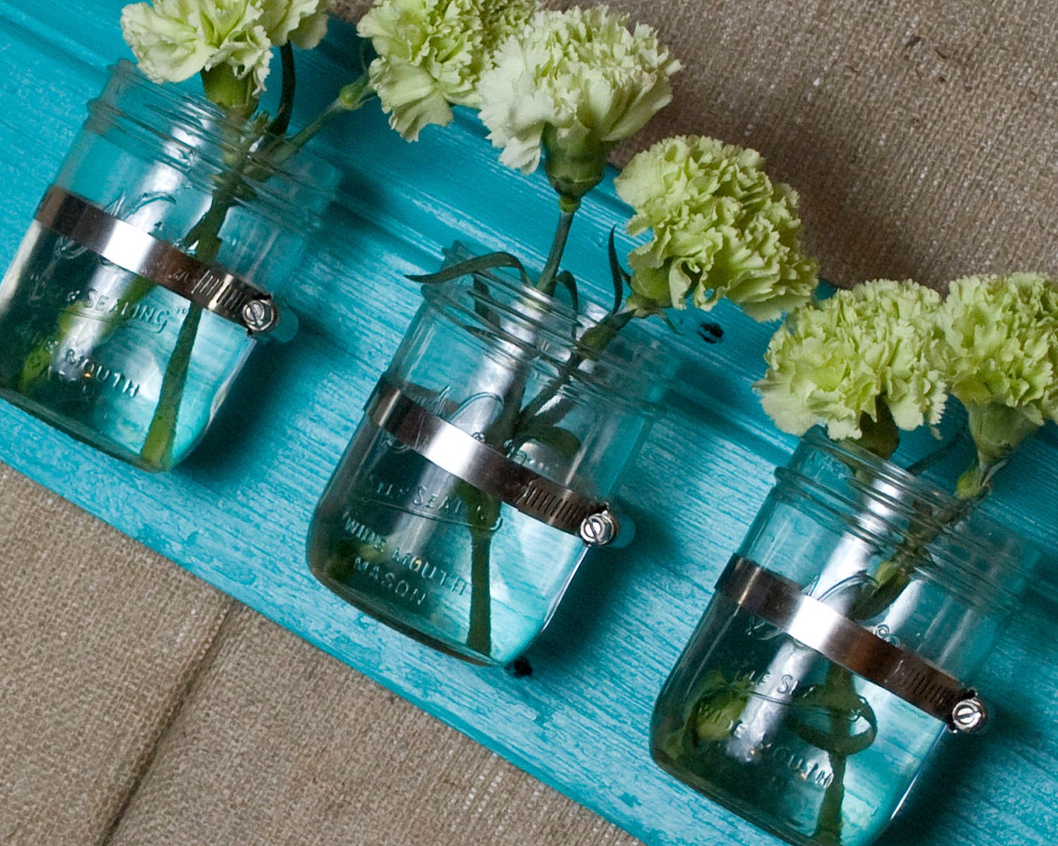 Wall Vase Aqua - Mason Jars and Barnwood - Pints