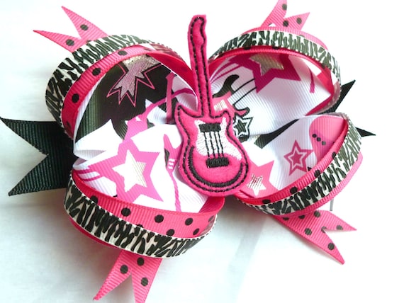 Big Loopy Boutique Guitar Hairbow - Hair Clip with Guitar Felt Embellishment - Hair Bow - Hand Sewn - Perfect for Summer