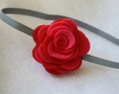 Valentines Day Baby Headband - Red and Pink Felt Flower Gray Headband - Newborn Girls Toddler Headband