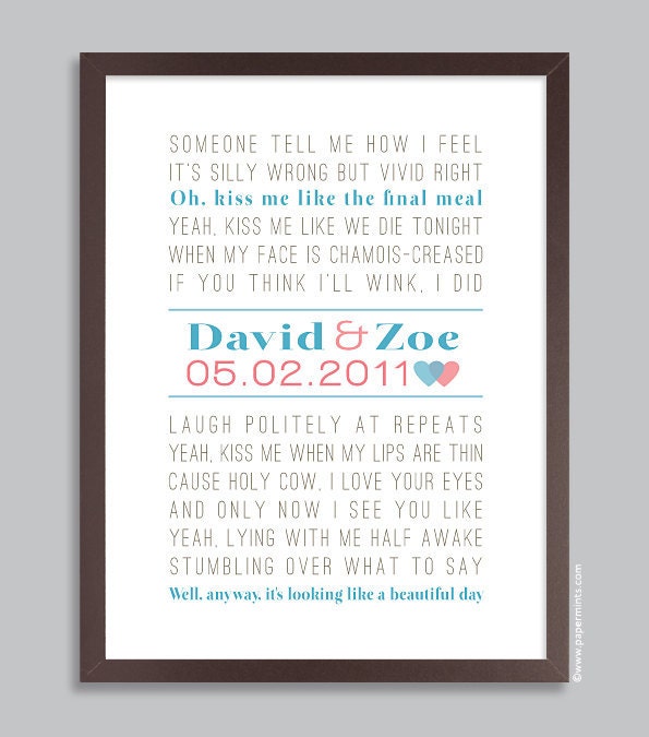 Song Lyrics 11x14 Personalized Wedding Gift, Anniversary, Wall Print (custom song lyric art) in aqua & pink