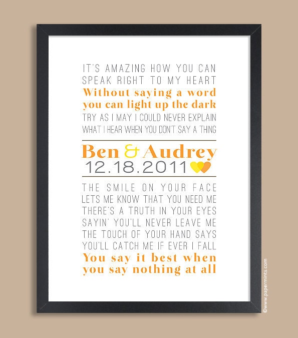Custom Wedding Song 11x14 Personalized Wall Print (song lyric art, wedding vows) in orange & gray, custom colors