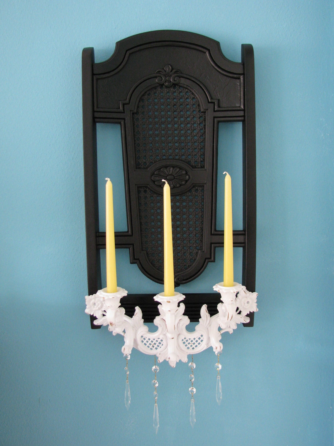 Upcycled Candle Wall Sconce with Vintage Chandelier Prisms Wall Hanging