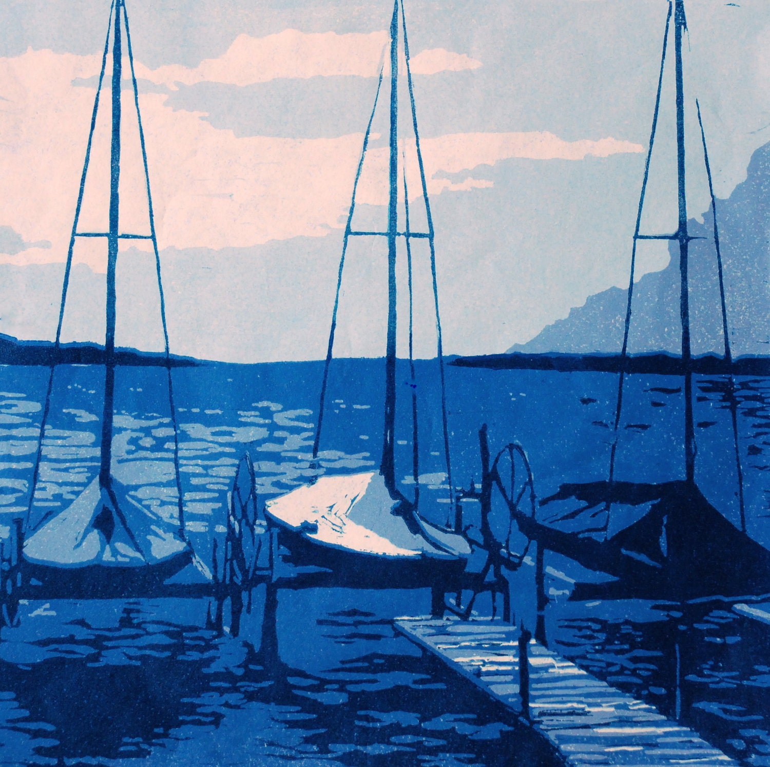 E Scows at Crystal Lake, relief linocut original print