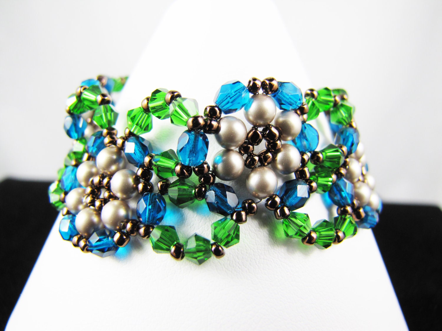 Fern Green Swarovski Crystals and Platinum Pearls with Teal Fire Polish Woven Bracelet