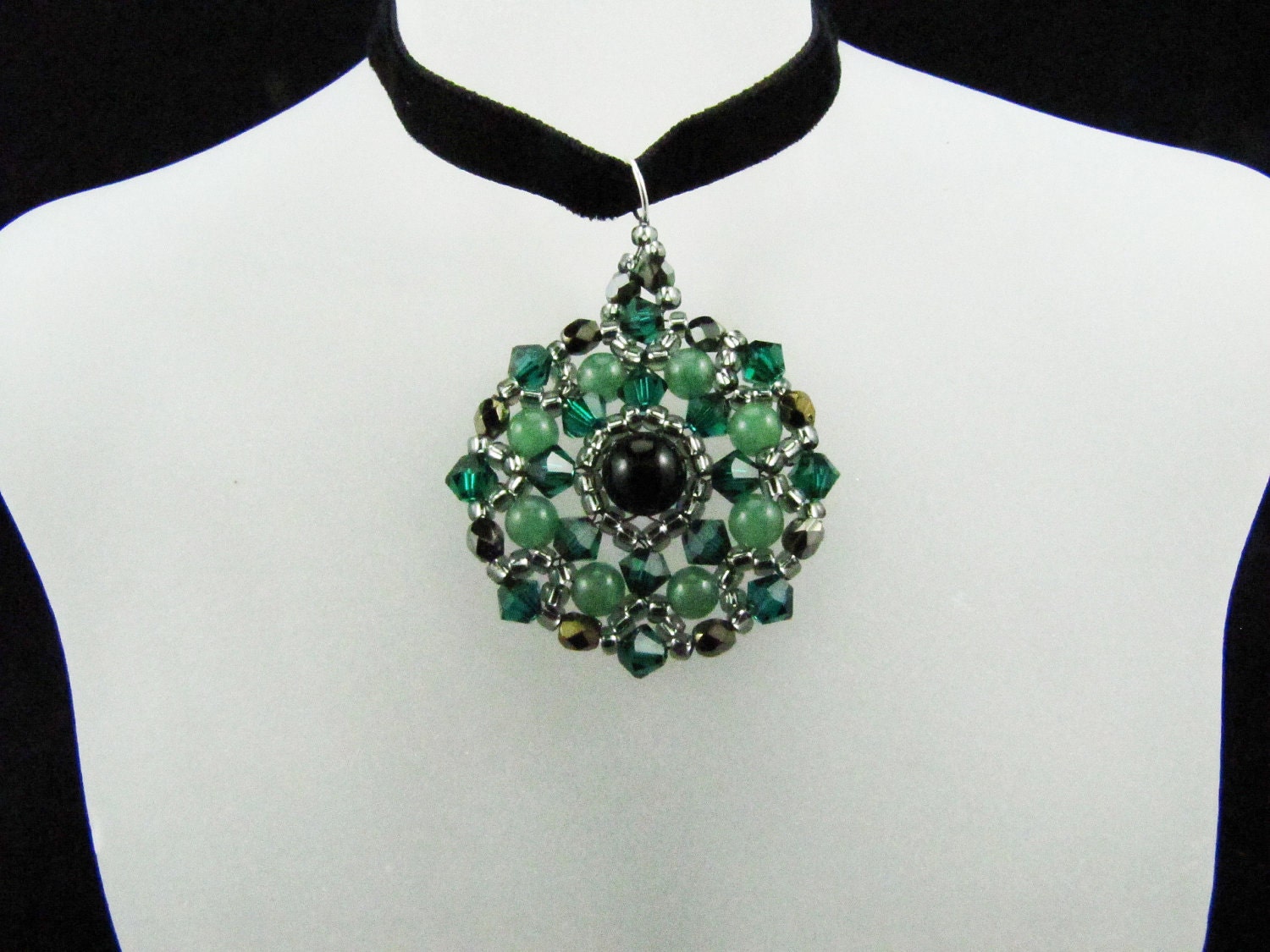 Emerald Swarovski Crystal Black Onyx and Aventurine Gemstones Medallion Beaded Pendant Necklace