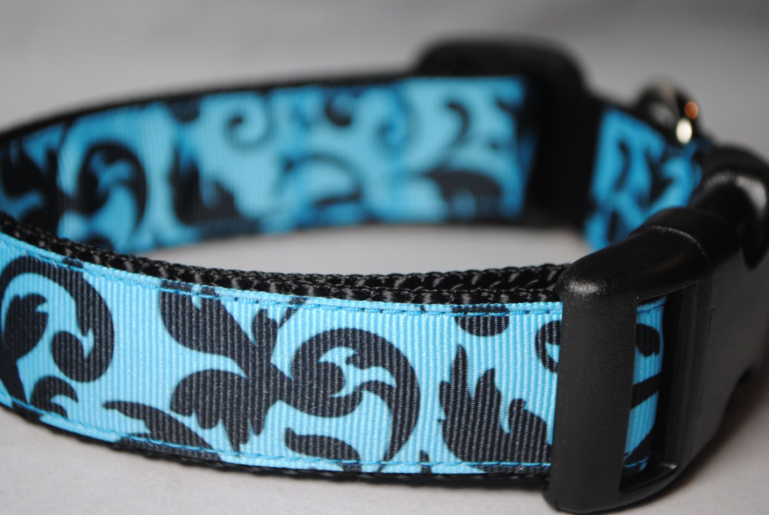 Damask Print Black and Blue 1" Width Adjustable Collar - Also available as a Martingale - swankypaws