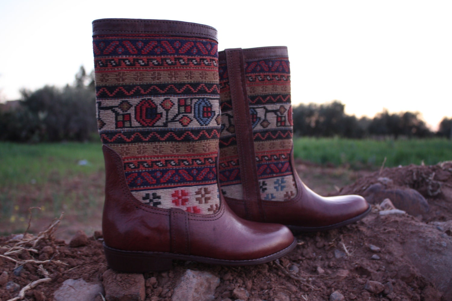 SALE Leather Boots with Embroidery Carpet