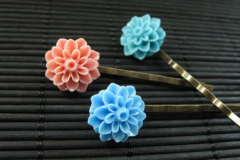 Cotton Candy Inspired Dahlia Bobby Pins in Blue, Turquoise and Pink. Handmade.