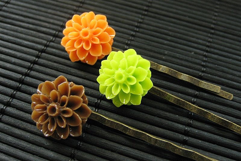 Diner Dessert Inspired Dahlia Flower Hair Pins in Brown, Orange and Lime. Handmade.