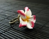 Tropical Flower Ring: Polymer Clay Ring with Plumaria Flower and Bronze Adjustable Ring Base. Handmade Jewelry.