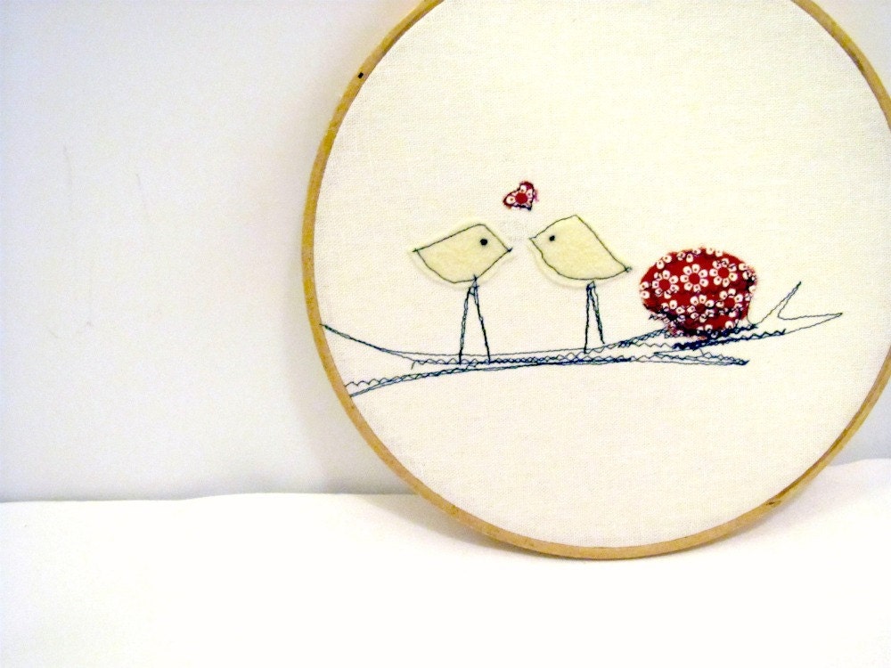 Spring Love Birds, Red Wall Hanging, Hoop Art, Home Decor, Children's Room, Folk Art, Cottage Chic