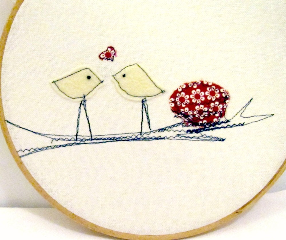 Spring Love Birds, Red Wall Hanging, Hoop Art, Home Decor, Children's Room, Folk Art, Cottage Chic