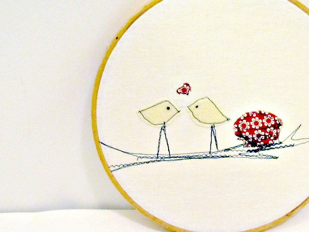 Spring Love Birds, Red Wall Hanging, Hoop Art, Home Decor, Children's Room, Folk Art, Cottage Chic