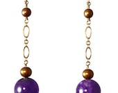 Purple Drop Earrings of Amethyst and Freshwater Pearls on Gold Chain
