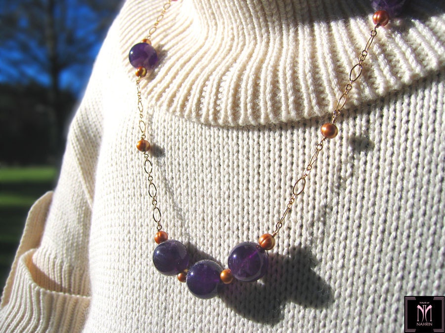 Purple Gemstone Necklace of Amethyst and Pearls on Gold Chain