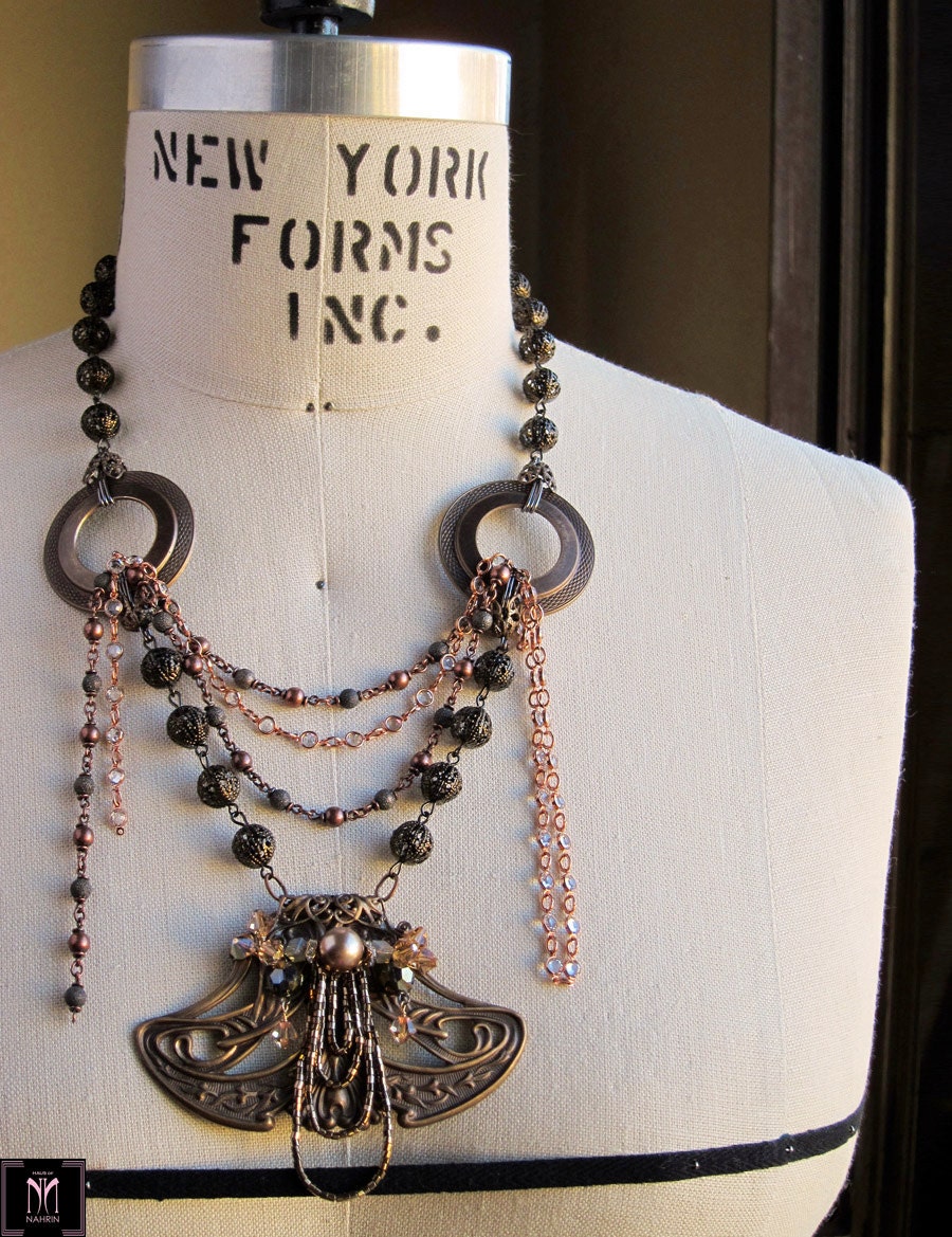 Bib Statement Necklace With Brass Filigree and Swarovski Crystals