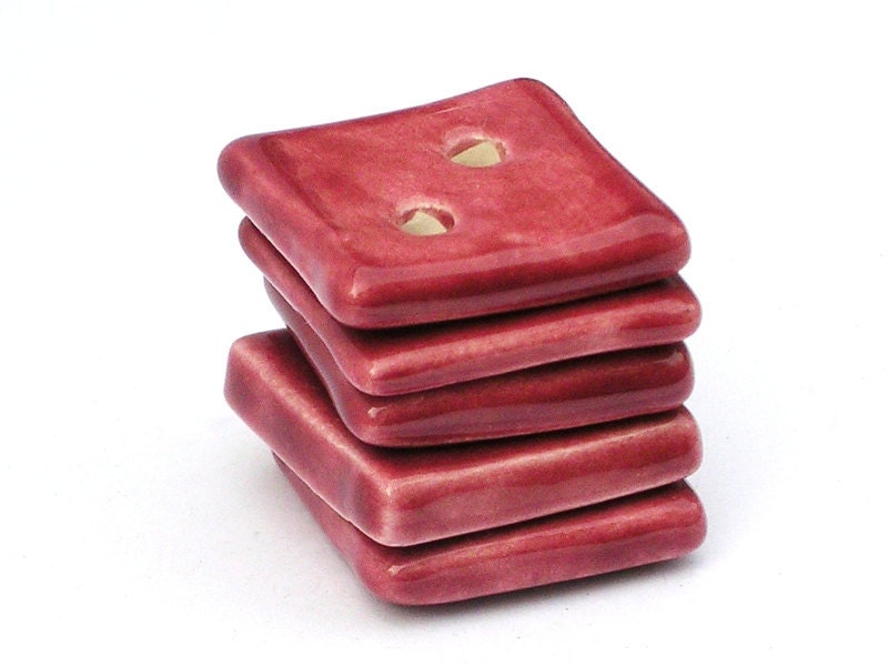 Cherry red square buttons - set of 5 - handmade earthenware