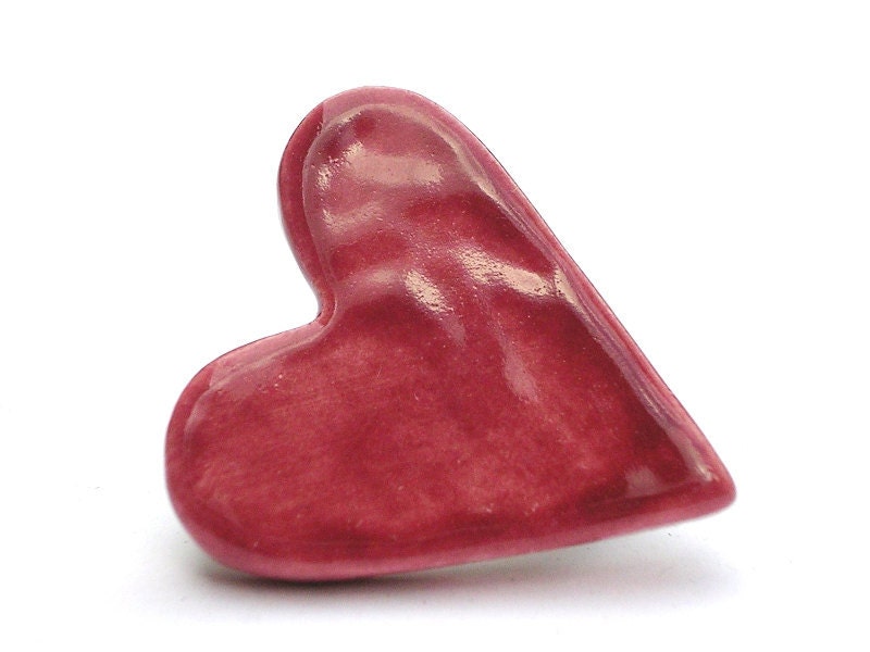 Cherry red heart ceramic button badge - handmade