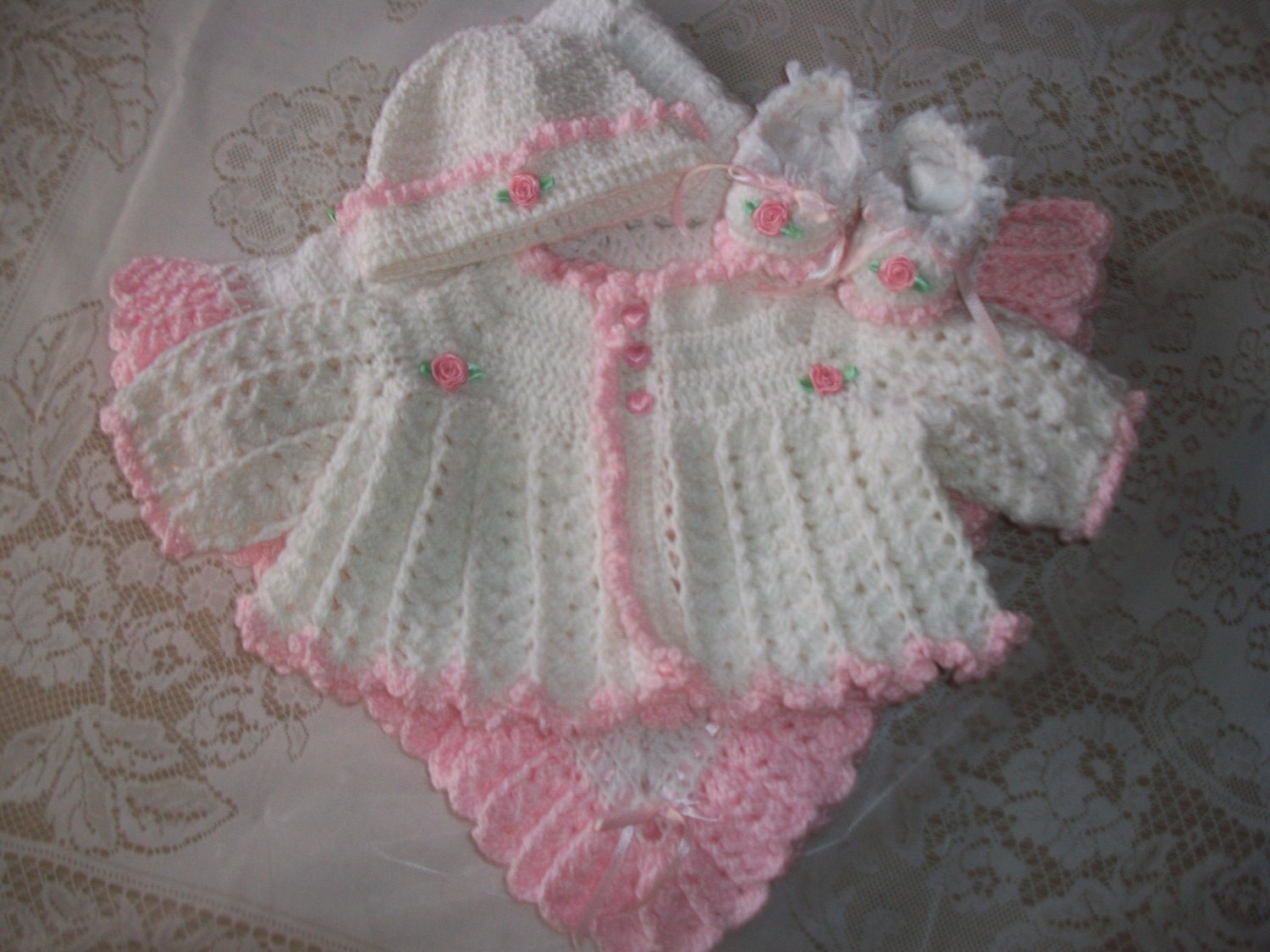 Crochet Baby Girl Sweater Set Layette Perfect For Baby Shower Gift or Take Me Home outfit