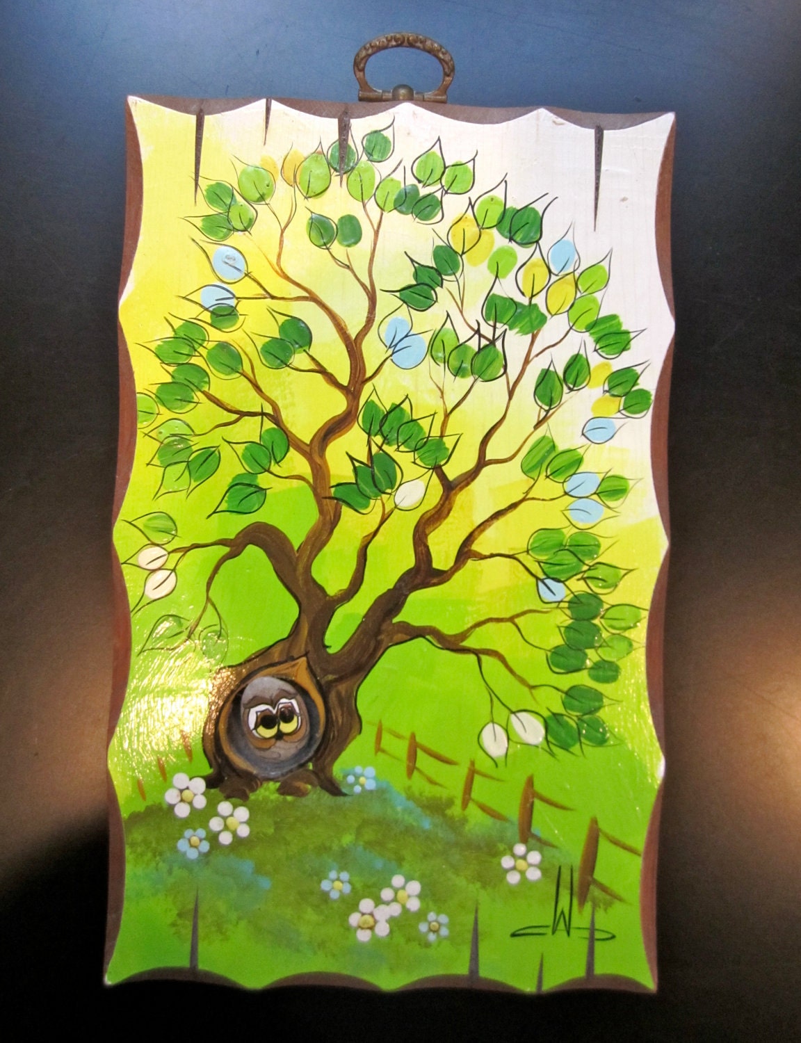 Kitschy  OWL Painting on decorative  board with painted owl rock  funky unique plaque