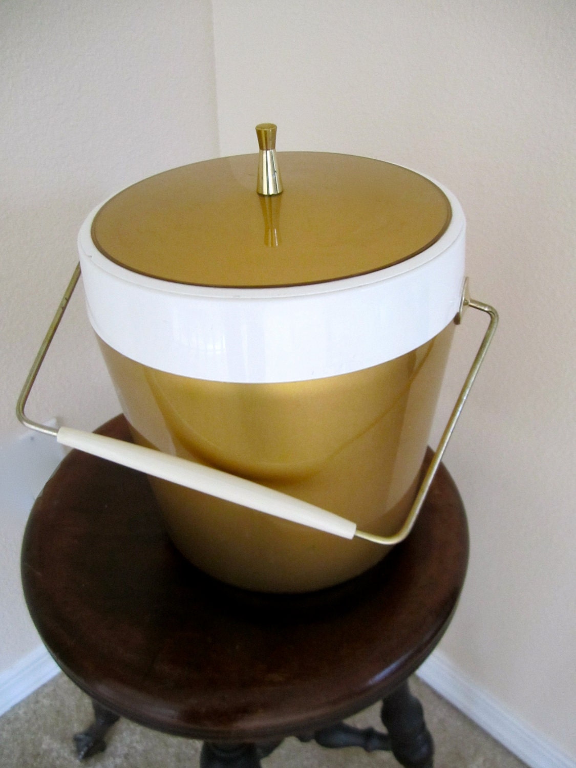 Gold tone and white Mid century modern atomic age ice bucket