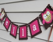 Pink and Green Owl Baby Shower or Birthday Name Banner