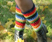 Leg Warmers Striped Multicolored Blue Red Green Yellow Orange Black  Gaiters Handknitted