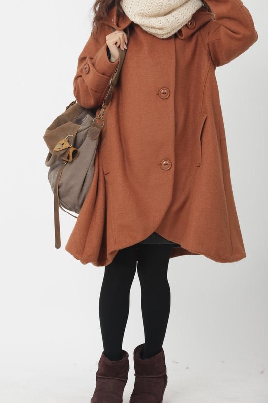 dark orange cloak wool coat Hooded Cape women Winter wool coat