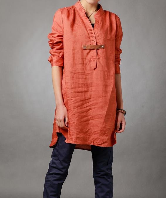 Spring orange shirt linen asymmetric long sleeved shirt