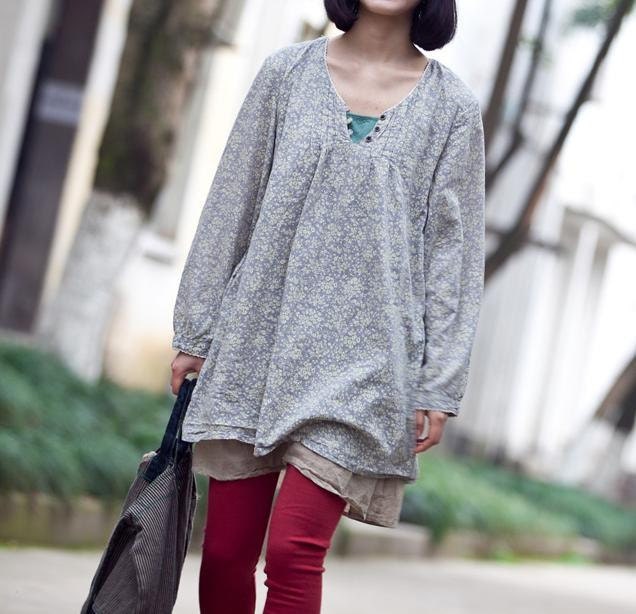 lovely print small floral pullover long sleeves dress
