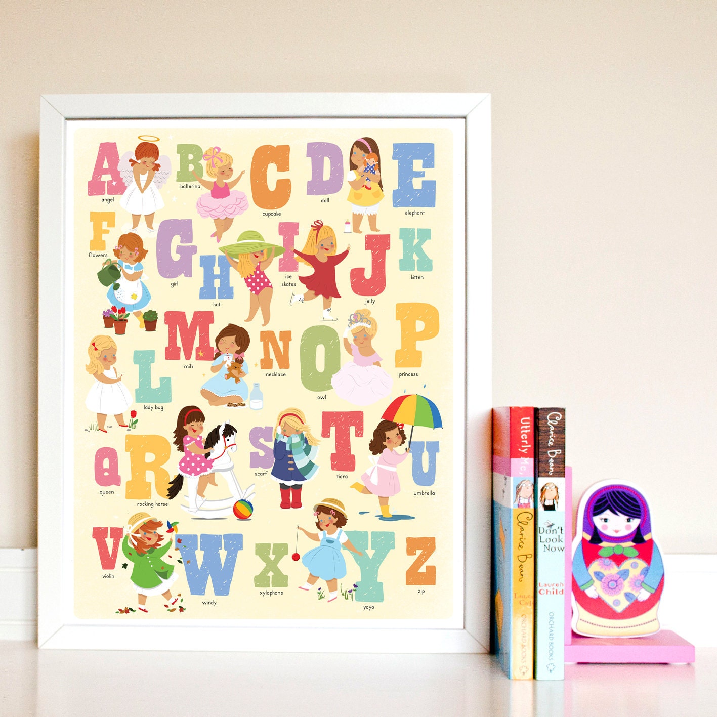 Alphabet Art Print Poster. Girls Nursery Wall art. 11x14. Bright Colours.
