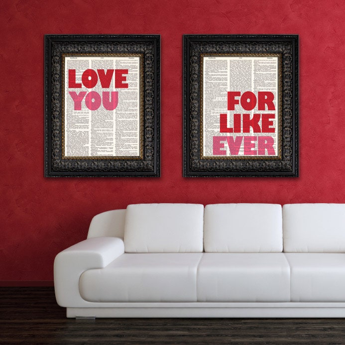 Wedding Gift or Anniversary Gift LOVE You & FOR Like EVER mixed media typography art print set 8x10 Wall Art, 2 Print Set