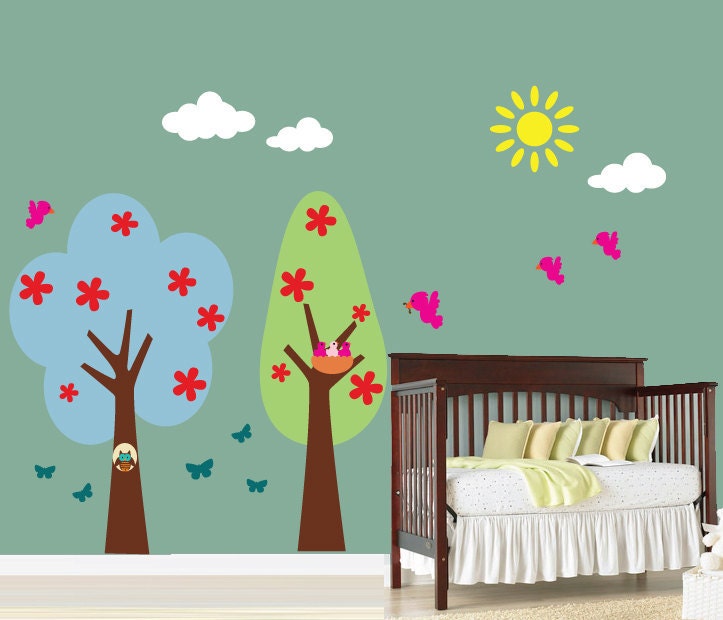 Wall Decals - Retro Tree Wall Decal - Childrens Reusable Removable Decal - T106SWA