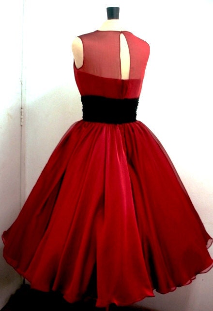 A 50s inspired ruby red chiffon rock ability Cocktail dress, With sweetheart neckline