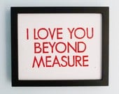 PRINT - Love, Wedding, Anniversary - I Love You Beyond Measure (Red) Linocut Art 8x10