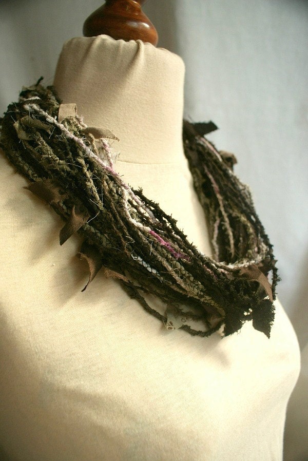 Tattered Necklace in Brown Jagged Fabric Necklace Upcycled Woman's Clothing Eco Funky Style Shabby Chic Eco Friendly Style