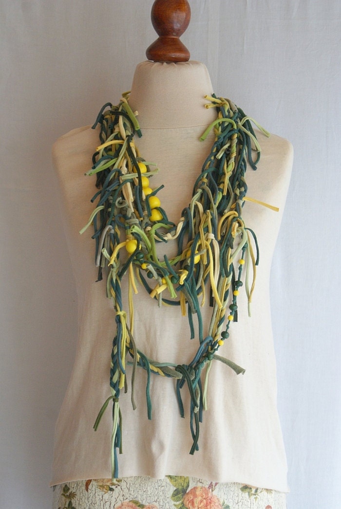 Green Yellow Art Mess Fringe Necklace Shreded Scarf Upcycled Woman's Clothing Funky Tattered Eco Friendly Style Upcycled Clothing