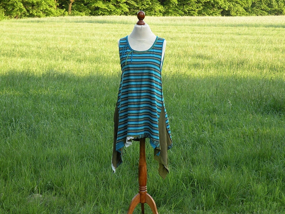 Sea Blue Dark Olive Asymmetric Fairy Tunic Size L Upcycled Woman's Clothing Romantic Dress Funky Shabby Chic Style Upcycled Clothing