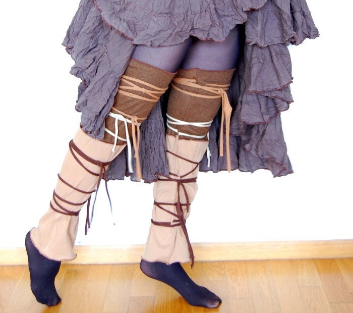 Leg Warmers in Brown and Beige Funky Style Upcycled Woman's Clothing Shabby Chic Eco Friendly Style Upcycled Clothing