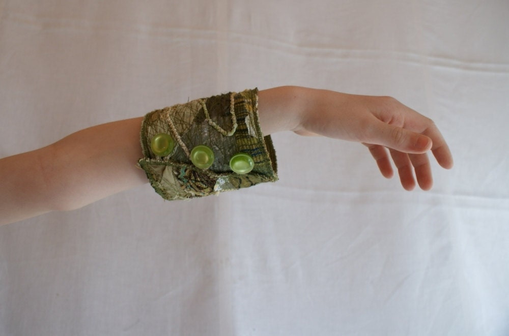 Green Olive Fiber Cuff Upcycled Woman's Jewelry Made from Recycled Clothing Crazy Patchwork Textile Bracelet