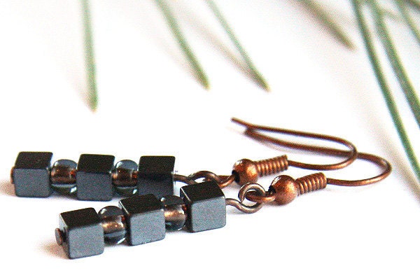 Industrial Earrings.  Stacked Mini Hematite Cubes. Copper Lined Black Diamond Seed Beads. Petite 4mm Stones. Metallic Gray