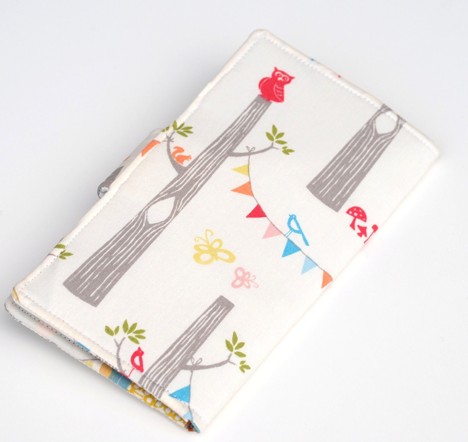 Fox Wallet Bifold, Organic Fabric Woodland Party , Vegan Wallet Blue, Yellow, Grey, Made to Order