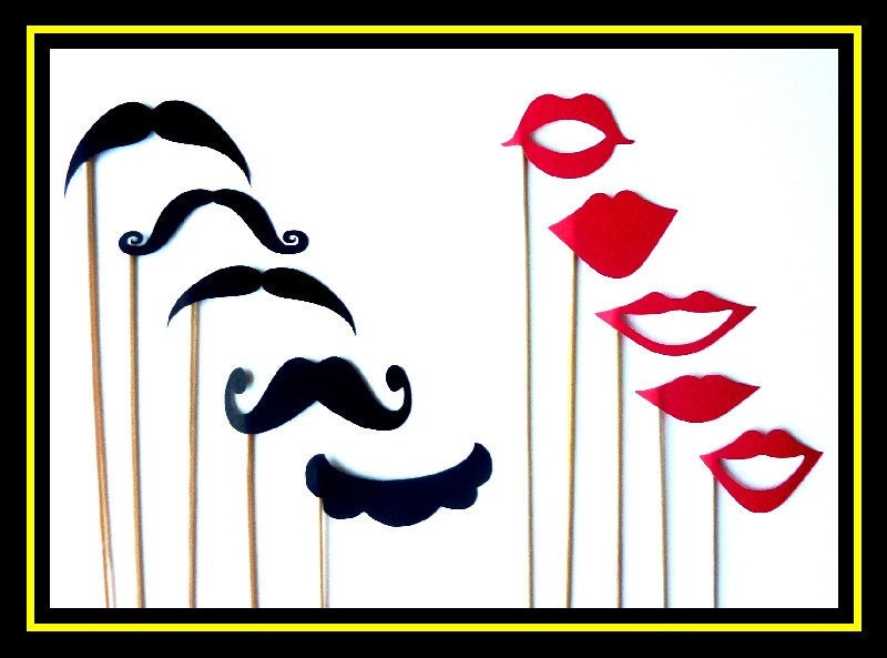 Mustache and Lips On a Stick - 20 Piece Set - Photo Booth Props - Party - Wedding - Birthday