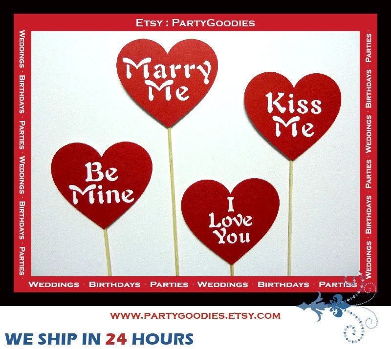 Wedding Sign - 4 Piece Red Set - Party Photo Booth Props - I Love You
