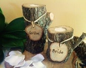 RUSTIC WEDDING - Pair of Natural Oak Candleholders with Personalized  Engraved Tree slices