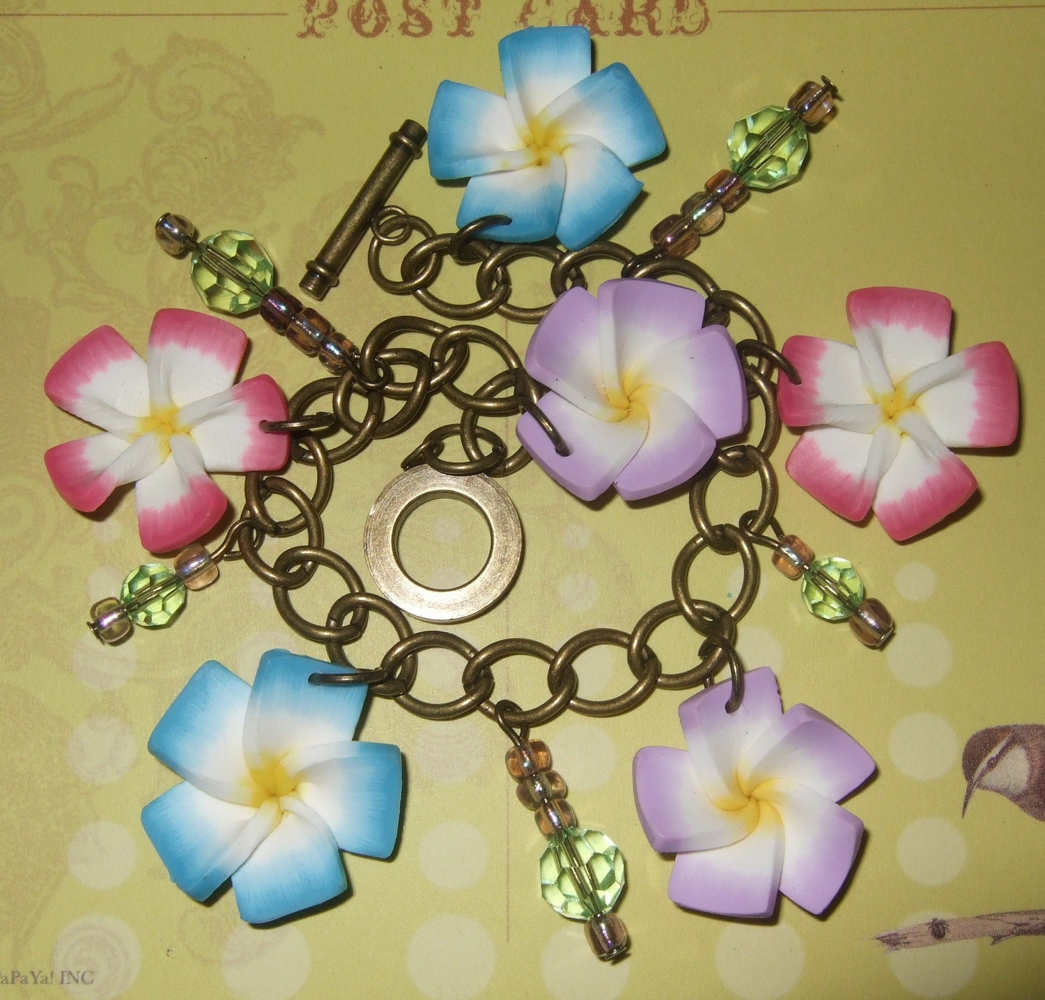 Charm Bracelet Polymer Clay Flowers Purple Blue Pink Pastel