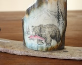 Alaskan Artist Scrimshaw Mammoth Ivory carving on artifact fossil whale bone armor
