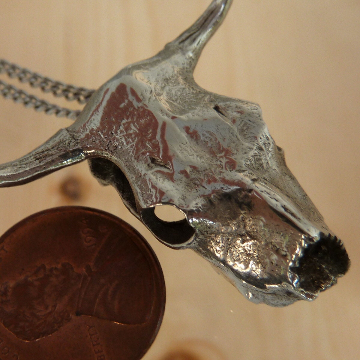 Bull Skull Pendant Necklace Cast in Metal and Polished